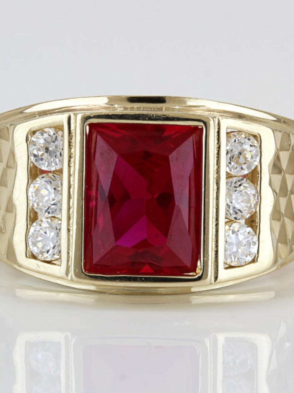 14K Yellow Gold Lab Ruby & CZ Men's Diamond-cut Statement Ring